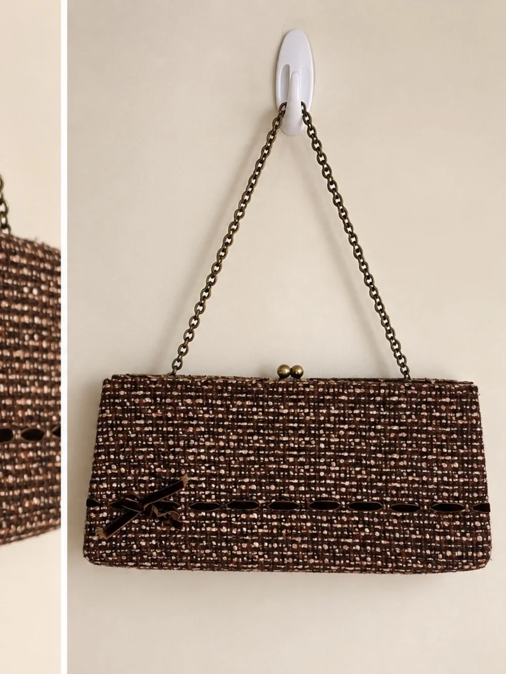Vintage Brown Tweed Shoulder Bag – Chain Strap & Velvet Bow